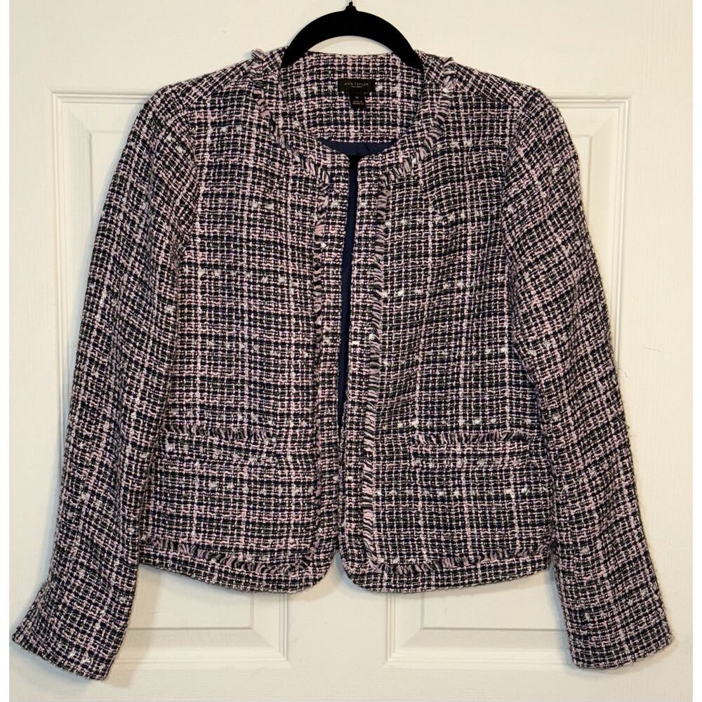 Ann Taylor Tweed Open Blazer Jacket Women's Pink Plaid Lined Fringe Size 00 - Picture 1 of 5
